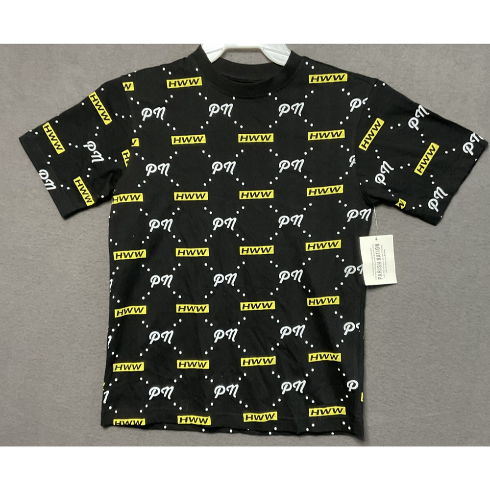 Parish Nation Boys Medium Graphic‎ Tee Black Yellow PN HWW Logo Print Shirt